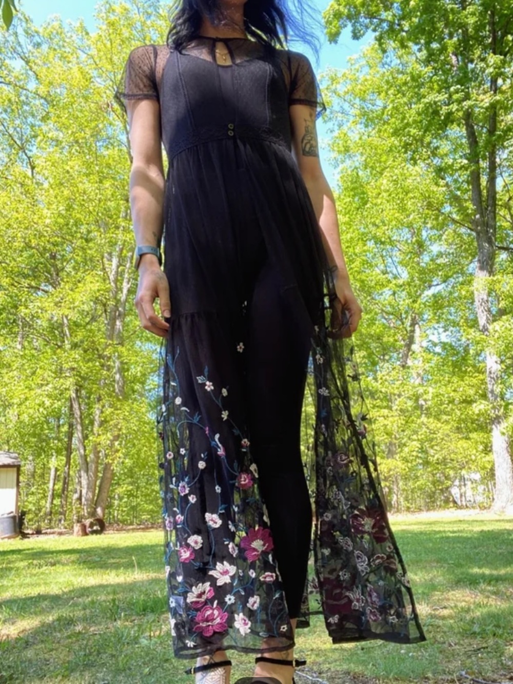 EUC Sheer Black Floral Embroidered Maxi Dress